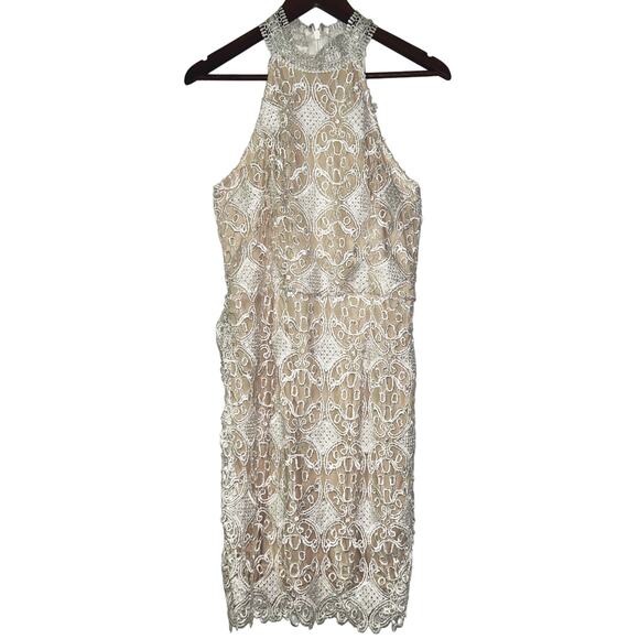 NWT Impressions Ivory Crotchet Overlay Lined Open Back Halter Dress Women’s L - Picture 1 of 5